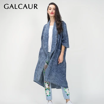 

GALCAUR Vintage Autumn Denim Trench Coat For Women Lapel Collar Batwing Three Quarter Sleeve Loose Coats Female Fashion Clothing