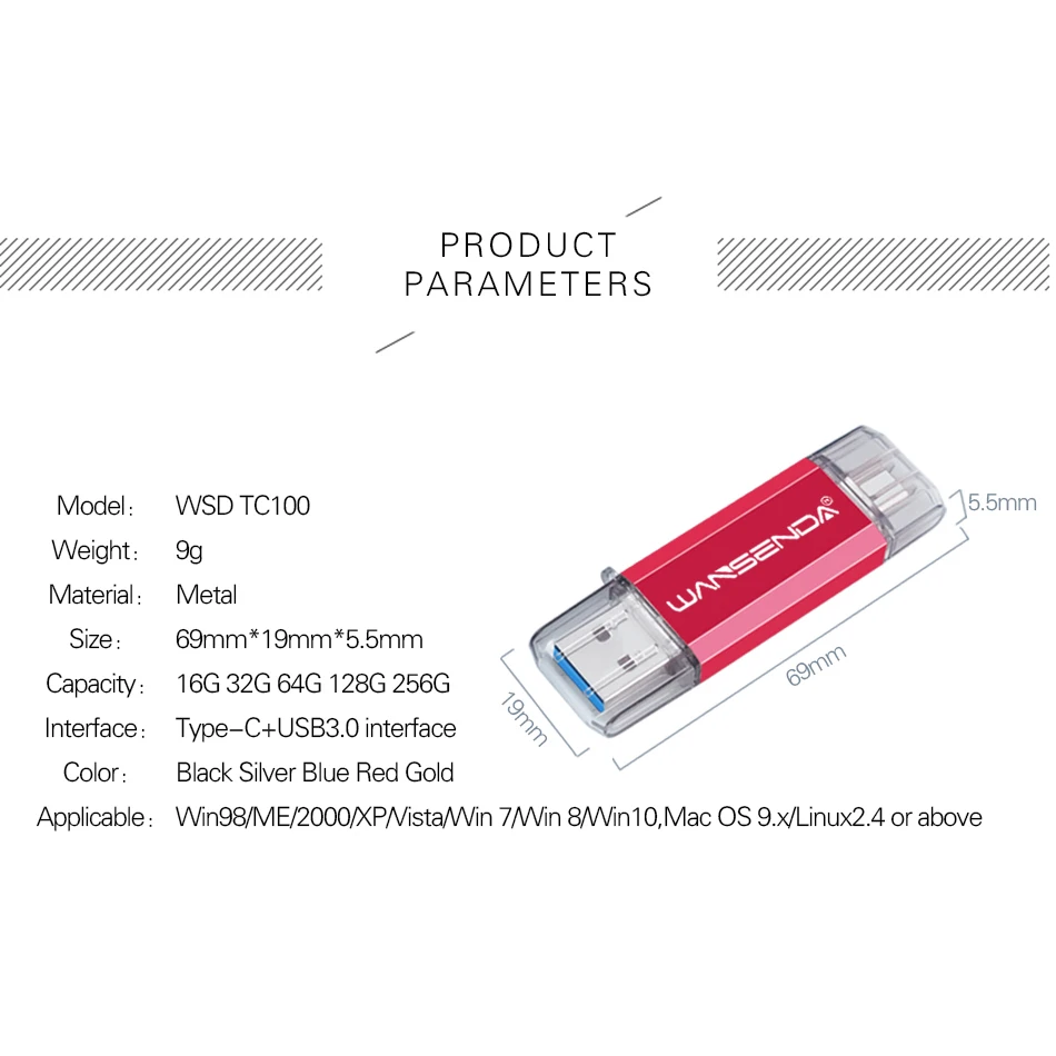 Новинка USB флеш накопитель WANSENDA type C OTG 128 ГБ 32 64 256 Флешка 2 в 1 Usb флешка 3 0