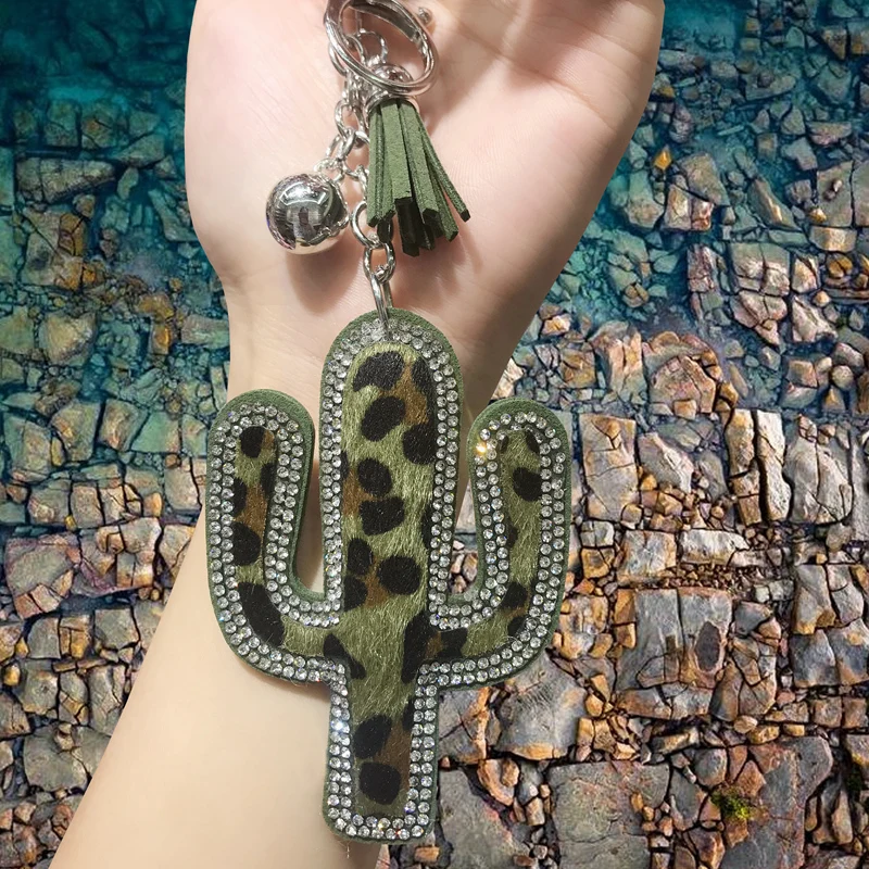 Растительный Брелок с подвеской кактус кожаный брелок для ключей с кисточкой женская серебряная цепь модная Автомобильная сумка Подвеска подарок ткань Стразы основа брелки
