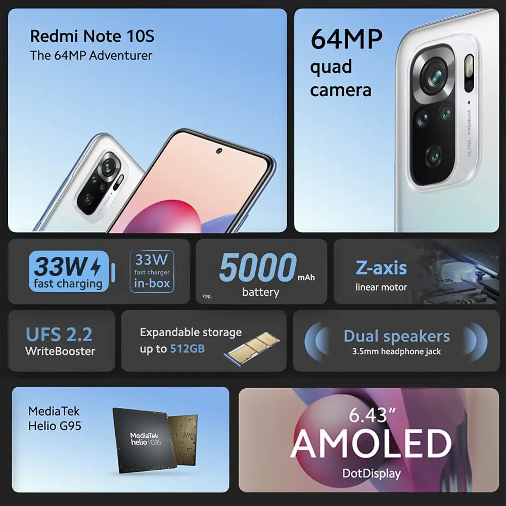 Global Version Xiaomi Redmi Note 10S Smartphone 6GB 64GB 64MP Quad Camera Helio G95 AMOLED DotDisplay 33W Fast Charge With NFC