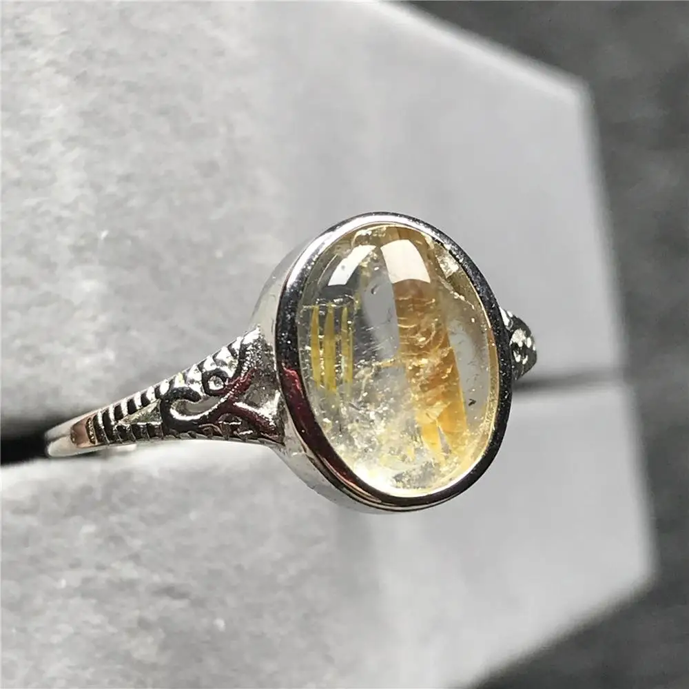 

Natural Gold Rutilated Ring Jewelry For Woman Lady Man Quartz Crystal 11x10mm Oval Beads Silver Stone Adjustable Ring AAAAA