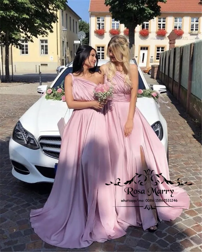 

Sexy Pink One Shoulder Plus Size Cheap Bridesmaids Dresses 2020 A Line High Split Chiffon Wedding Guest Gowns Maid Of Honors