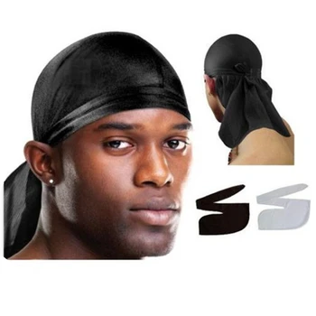

Satin Men Stretchy Cap Hip Hop Designer Durag Turban Bandana Headwear Solid Color Long Hat Tie Down Tail Hair Accessories