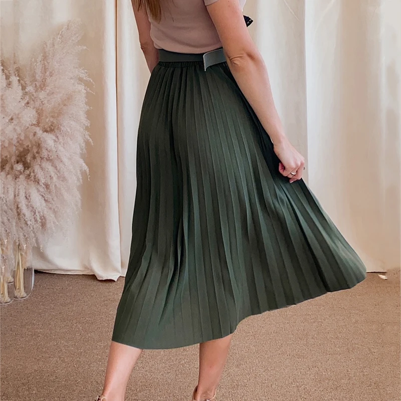 Simplee Fashion A-line women pleated skirt Stripe loose 20 color skirt With belt Elegant British style skirt Autumn winter 2020