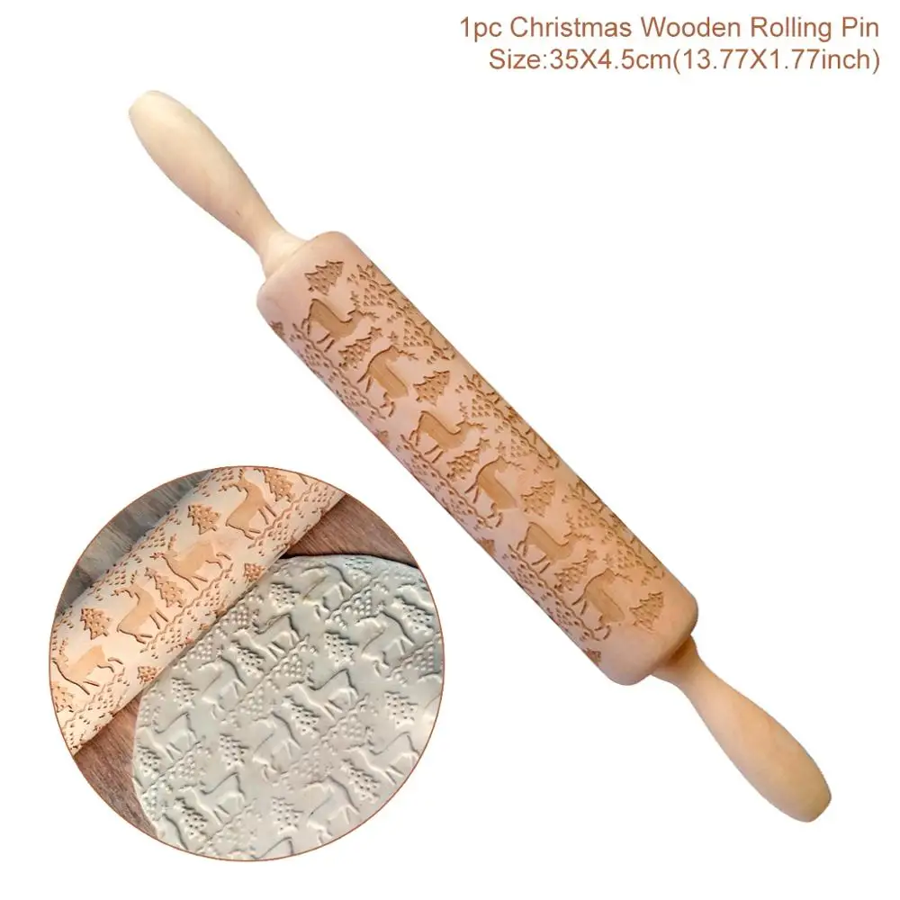 HUIRAN Merry Christmas Elk Wooden Print Rolling Pin Christmas Decorations for Home Navidad Noel Dessert Tools New Year - Цвет: Wooden Rolling Pin