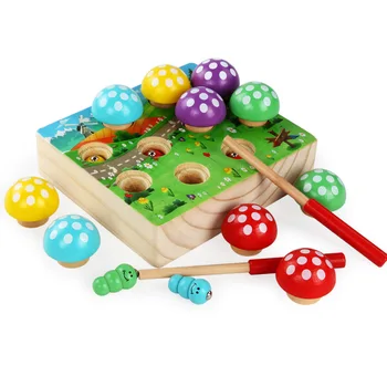 

Baby Wooden Montessori Toys Magnetic Fishing Toys Mushroom Forest Catch Worm Game Educational Puzzle Toys For Children Girl Gift
