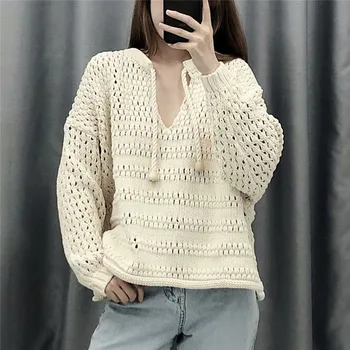 

Vintage Stylish Hollow Out Short Style Knitted Sweater Women 2019 fashion O Neck Long Sleeve See Through Pullovers Chic Tops