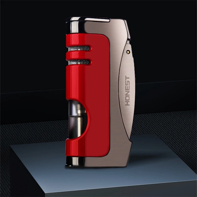 Red HONEST зажигалки для трубки металлическая ветрозащитная Бутановая газовая зажигалка многоразовый фонарь струйный огонь сигаретная Зажигалка Встроенная сигара удар - Цвет: Red