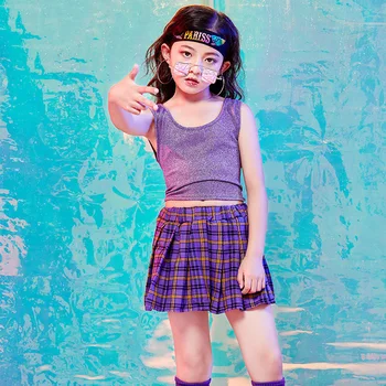 

Hip Hop Costumes For Girls Purple Vest Plaid Skirt Kids Jazz Performance Clothing Street Dancewear Stage Show Rave Outfit DN3956