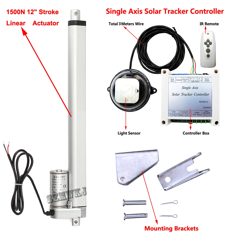 Одиночный осевой Солнечный трек Солнечный трекер комплект и 1500N 1" ход 12 В DC Линейный привод для 100 Вт солнечная панель система слежения