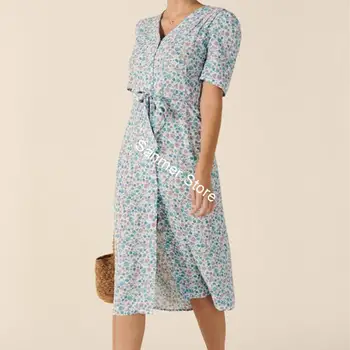 

Women Vintage Lace-up Midi Dress V-neck Buttons Froral Short Sleeve Printed Split Spring Summer Beach Style Dresses