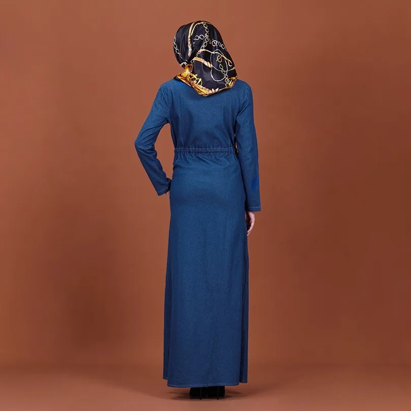Мусульманский узкое платье с капюшоном, с большим карманом, мыть платье из джинсовой ткани Для женщин Абаи dubai длинный рукав кардиган с застежкой-молнией Исламской Костюмы