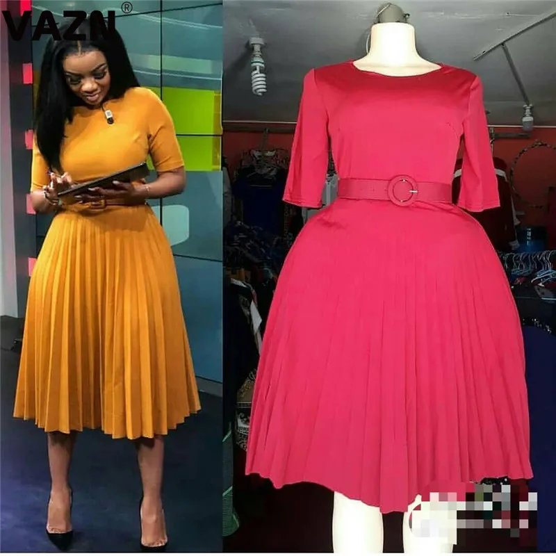 VAZN Autumn Red Yellow Party O-neck Streetwear A-line Club Sexy Slim Young Dress Elegant Short Sleeve dress Lady Dress - Цвет: Красный