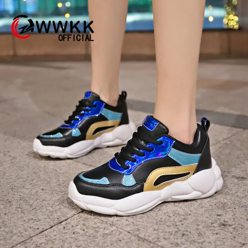 

WWKK 2019 Autumn Fashion Women Casual Chunky Shoes Leather Platform Shoes Woman Lace-Up Sneakers Ladies Trainers Chaussure Femme
