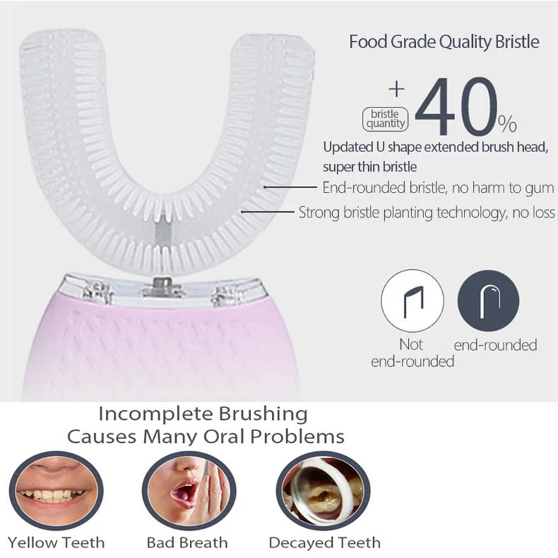 360℃ ligent Automatic Electric Toothbrush USB Charging Tooth Whitening U-Shape Toothbrush