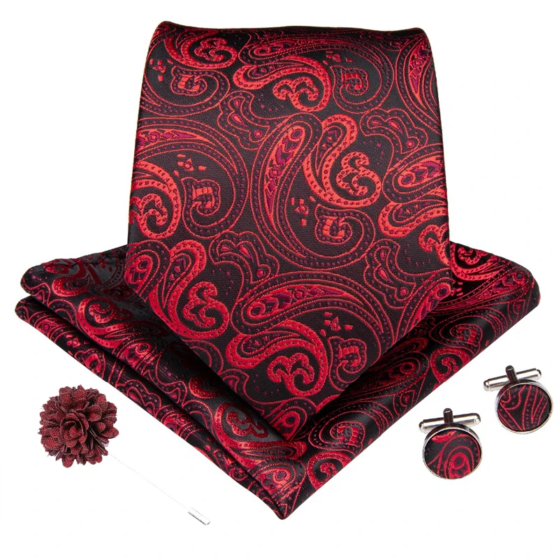 Мужской галстук с красным Пейсли Шелковый Weding галстук для мужчин Hanky Cufflink бутоньерка комплект шейных платков деловые вечерние DiBanGu новые дизайнерские XH102-314