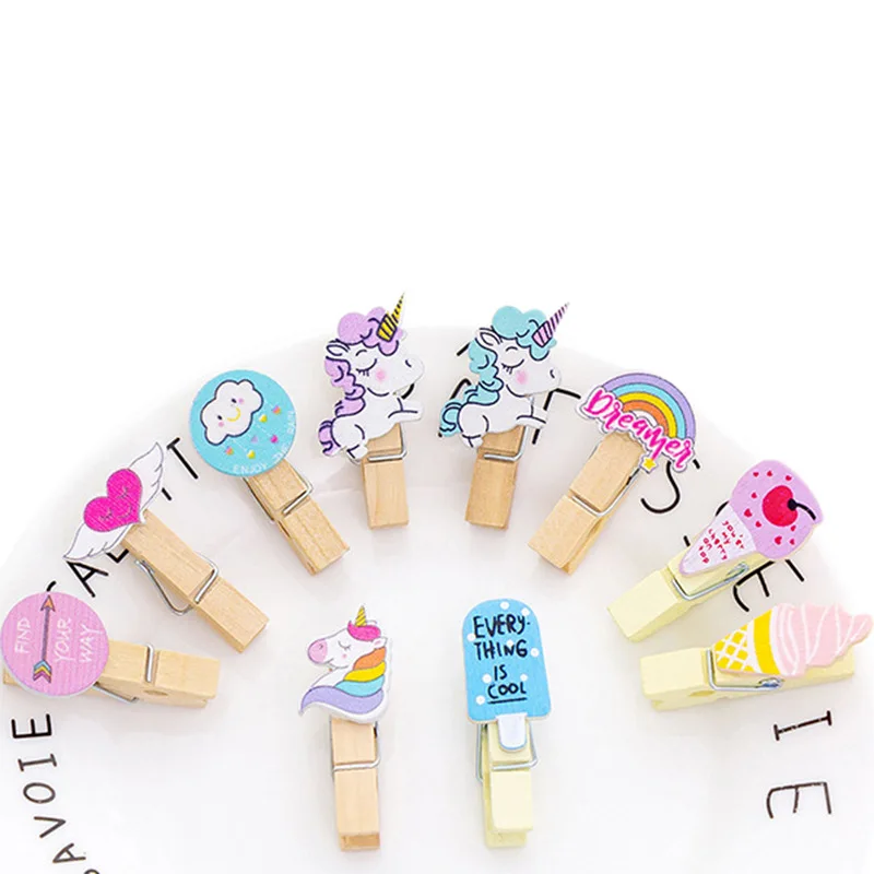 

AngelHere 10 PCS/lot Creative Unicorn Notes Clip Half Letter Binder Mini Wooden Clips for Photo Clips Clothespin Decoration