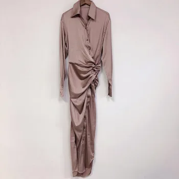 

Slim Womens Asymmetric Knot Maxi Dress Lady Turn-down Collar 2020 New Fashion Pleated Long Dresses With Buttons