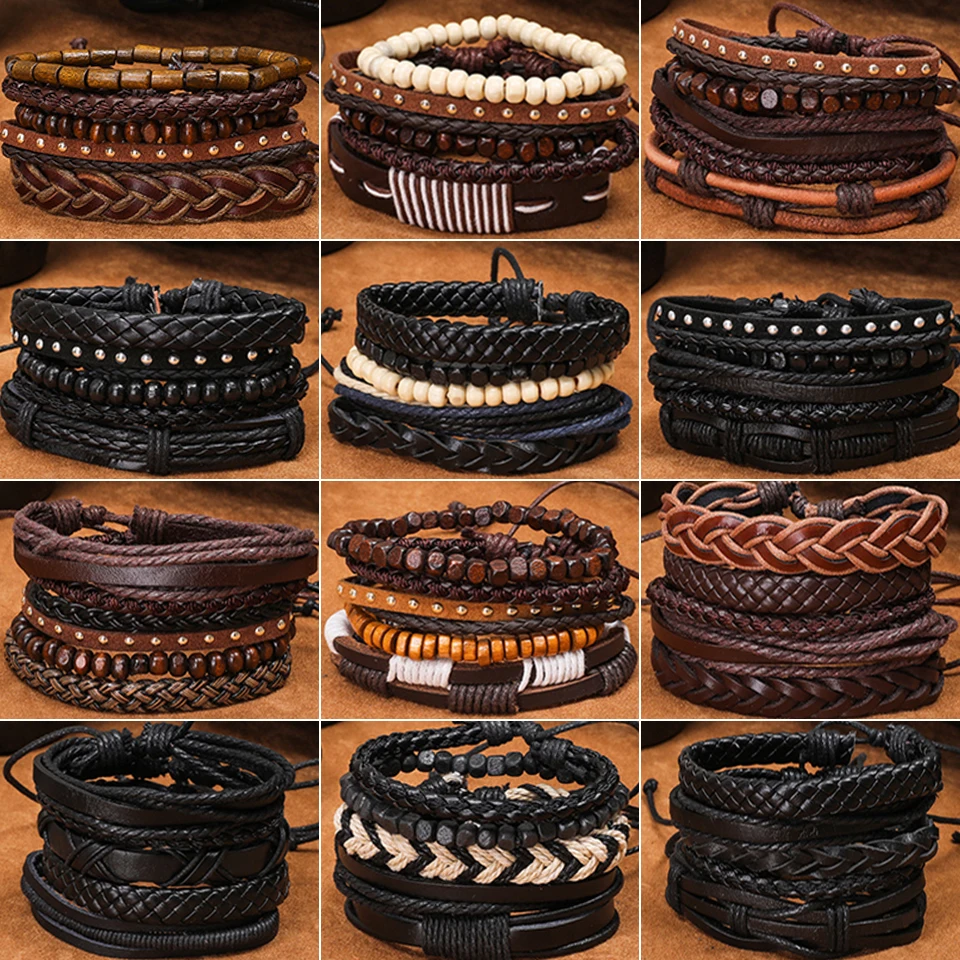 2021 Regalos de cuero hechos a mano de moda para hombres Pulsera Cuentas de madera Padre Pulseras de eslabones de cadena Brazaletes Pulsera masculina ajustable Accesorios de joyería Venta al por mayor Dropshipping