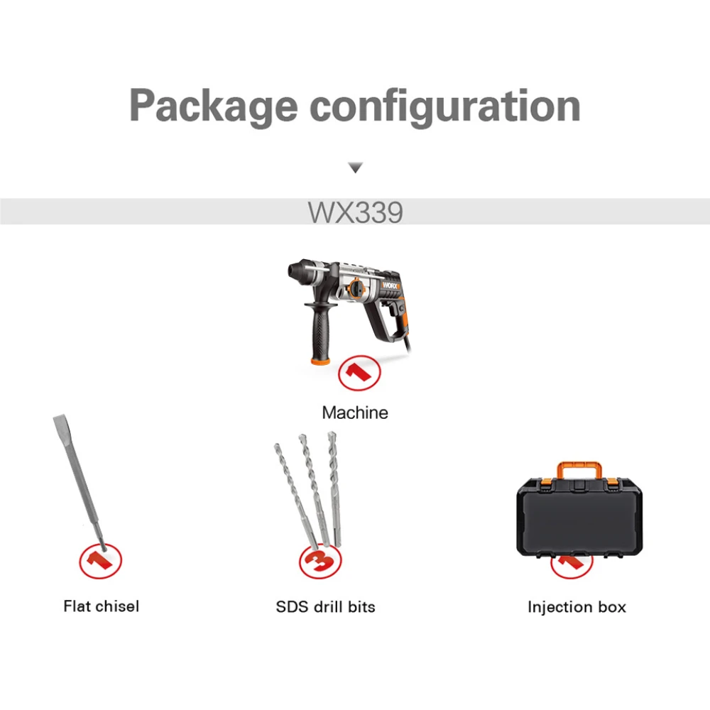 Worx перфоратор 800W WX339 электрический 26 мм 3in1 переменная скорость дрель драйвер