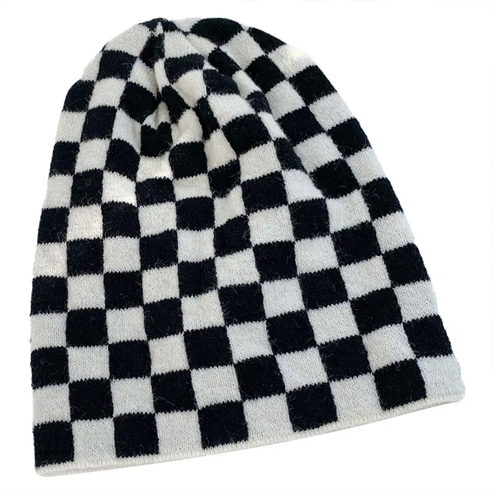 Black White Plaid Check Beanie Hat All-match For Men Women Lattice Grid Knitted Hats Winter Warmth Stretch Skull Hat Streetwear baggy beanie