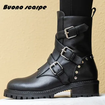 

Buonoscarpe New Fashion Martin Boots Leather Ankle Boots Ladies Round Head Buckle Square And Thick Boots, Trend Punk Shoes Women