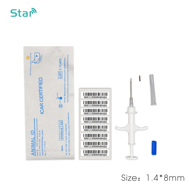 1.4*8mm 134.2khz Pet Microchips Disposable Animal chip Fdx-b pig Syringe Pet ID injector syringe needle dog cat cow 20pcs pet microchip