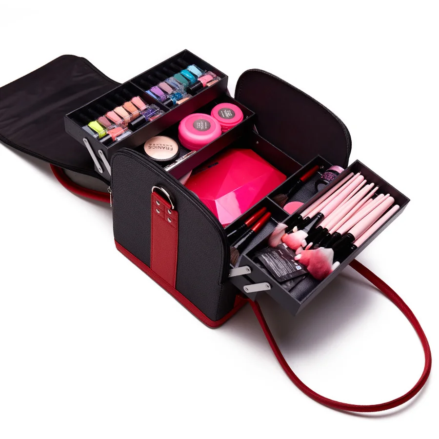 

Red PU Leather Portable Cosmetic Bag Cosmetics Large Capacity Women Travel Shoulder Makeup Bag Suitcase Manicure Cosmetology New