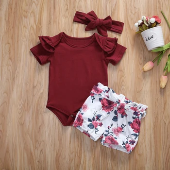 

Pudcoco Newborn Baby Girl Clothes Solid Color Short Sleeve Knitted Cotton Romper Tops Flower Print Shorts Headband 3Pcs Outfits