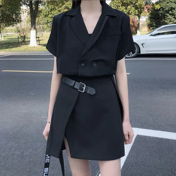 

2 piece set women outfits 2020 New Summer crop top Short Skirts set Casual Office Lady Slit Suit two piece set women clothes
