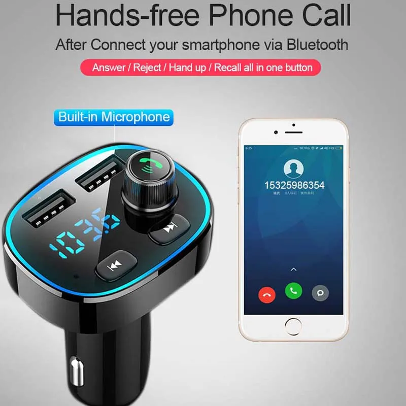 Автомобильное зарядное устройство с двумя USB, Bluetooth 5,0, fm-передатчик, быстрая зарядка 3,0, быстрое зарядное устройство для мобильного телефона, QC3.0, зарядное устройство, поддержка Handfree
