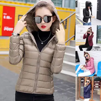 

Women Autumn Winter Solid Color Zip Lightweight Hooded Coat Warm Slim Outerwear