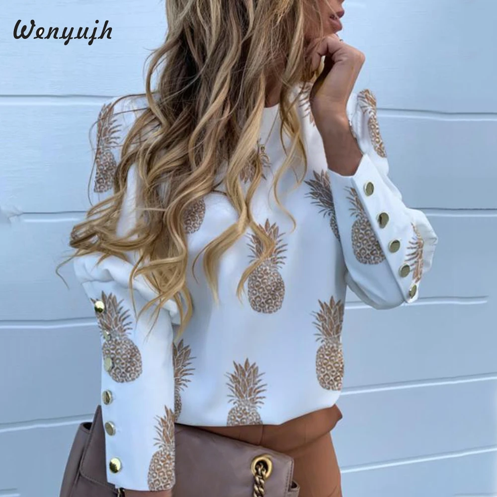 Wenyujh Womon Blouse Shirt Elegant Office Lady Autumn Puff Shoulder Button Blouse Pineapple Print Long Sleeve Tops Chemise femme