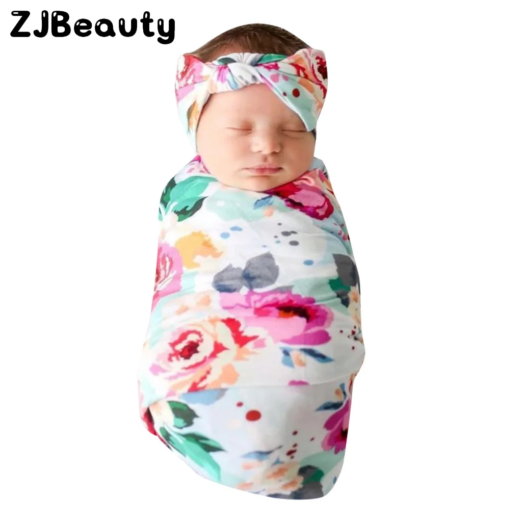 

Newborn Baby Photo Props Blanket Soft Elastic Floral Swaddle Blanket Receiving Swaddle Wrap Headband Infant Photography Shoot#p4