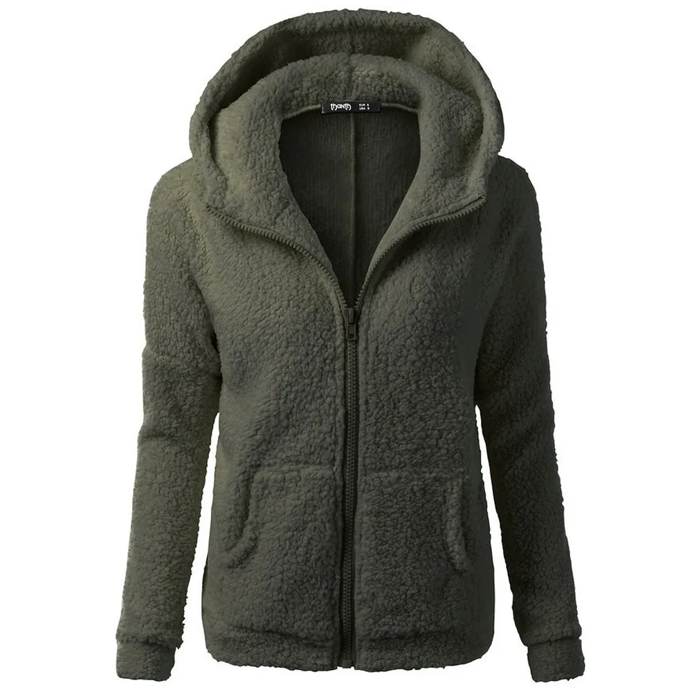 Women Solid Color Coat Thicken Soft Fleece Winter Autumn Warm Jacket Hooded Zipper Overcoat Female Fashion Casual Outwear Coat