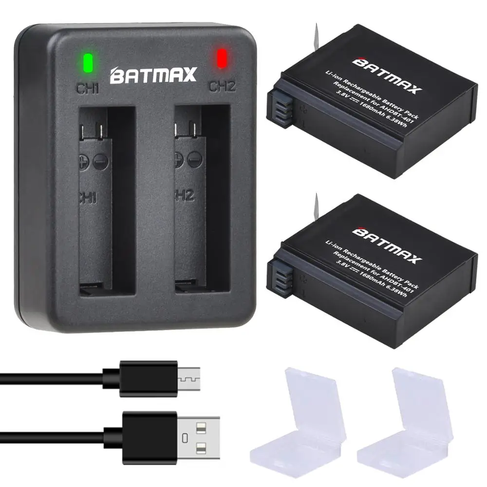 

Аккумуляторная батарея Batmax 2pcs AHDBT-401 AHDBT 401 для Gopro Hero 4 + двойное зарядное устройство для дома для камеры Gopro Hero4 HD P0019279