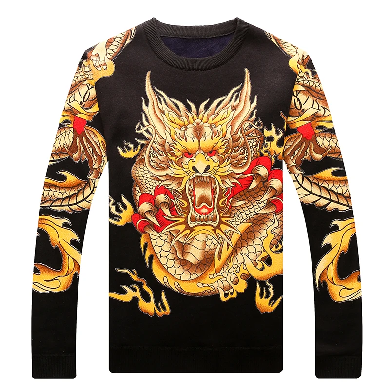 Winter Men Knitted Pullover Sweater Dragon 2021 New Arrival Plus Velvet Keep Warm Male Sweater Teenage Boys Chinese style M64