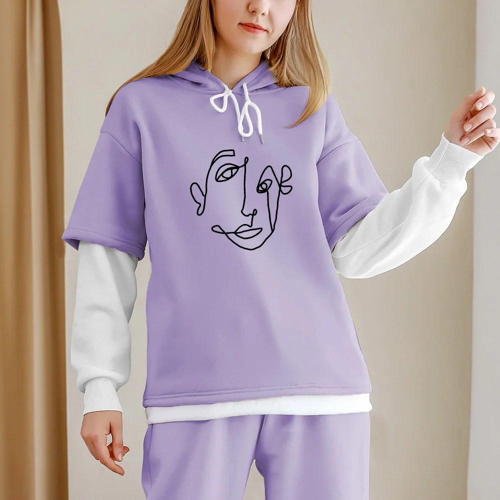 

Ulzzang Hoodie for Girls Color Block Hoodies for Women Face Abstract Korean Fashion Sweatshirt Pullover Mulheres Sweetshirts