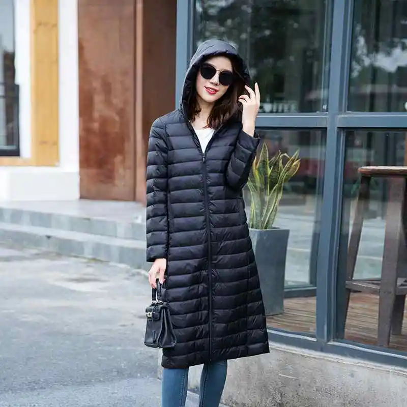 

Woman's Ultra Light Jackets Slim Hooded Knee Length 90% White Duck Coats Women Warm Down Parkas Lady Overcoat JK-790