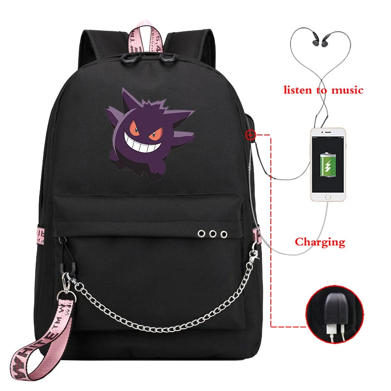 Mochila Pokemon Charizard Gengar Backpack Women Backpack School Bags for Teenage Girls Usb Charge Laptop Backpack Travel Bagpack