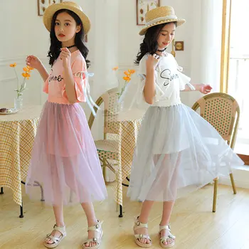 

Summer Teen Girls Clothing Set Children Ruffle Sleeve Tshirt + Mesh Skirt Two Piece New Designer Teenager Clothes For Girls 5-14