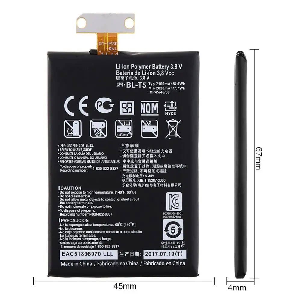 BL-T5 3,8 V 2100mAh телефон Встроенный литий-ионный запасной аккумулятор с ячейками батареи PTC защита для E960 Nexus4 E970