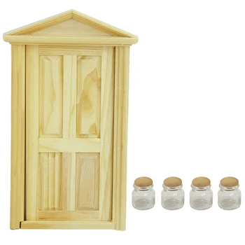 

1/12 Dollhouse Miniature Exterior Inward-Open Wood Door with Steeple top with 4Pcs Miniature Candy Food Jar