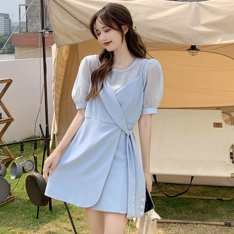 French Design Short Sleeve Elegant Casual Women's Dresses Fake Two Sweet  Mini Dresses Korean Style Beach Dress 2021 Summer Chic - Dresses -  AliExpress