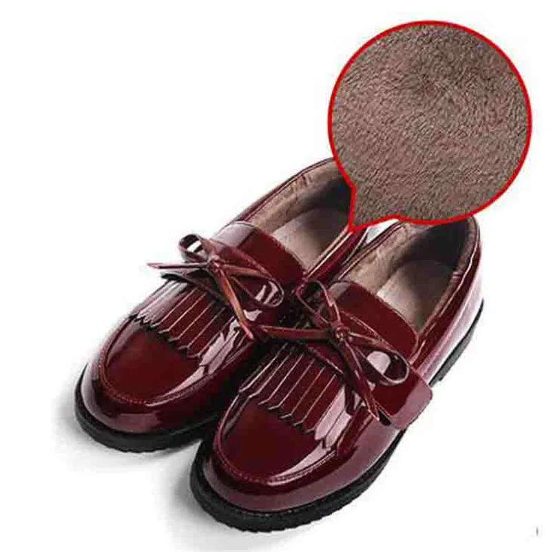 wine red with velvet Weoneit/Новинка; сезон весна-осень-зима; детская обувь из искусственной кожи для мальчиков и девочек; Детские оксфорды с бахромой; Брендовая обувь с бантом на плоской подошве; Размеры 26-39 - Цвет: wine red with velvet