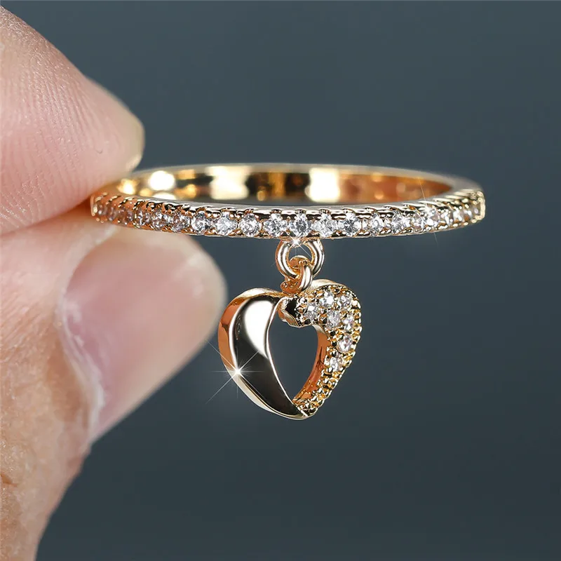 Crystal Rings Engagement Rings Zircon Rings Bohemian Rings For Women Cute Female Hollow Heart Pendant
