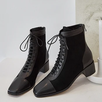 

Women's genuine leather patchwork lace-up low heel ankle boots autumn martin boots high quality short booties warm sheos women