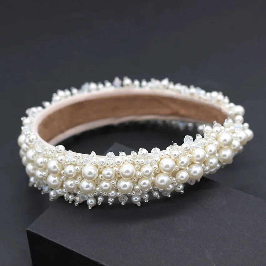 Hair Accessory New White Handmade Shining Full Small Pearl Crystal Beaded Flower Catwalk Headband Hair Accessories Bridal Headwear735