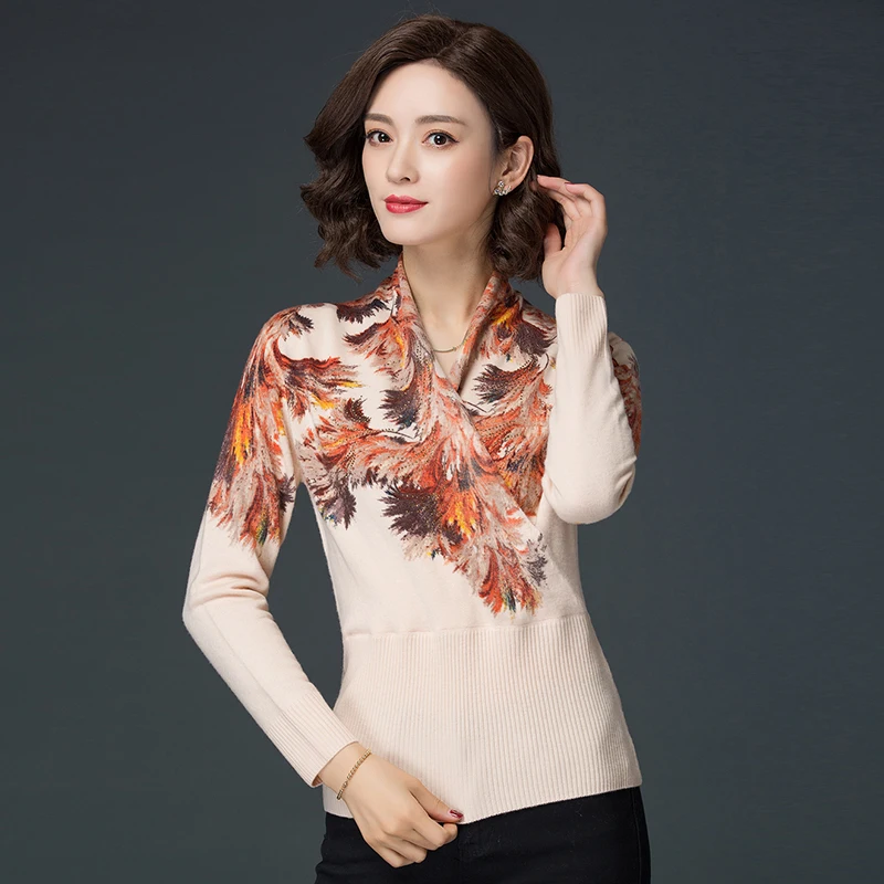 

New Arrival Autumn Winter Elegant ladies Floral Cashmere Slim Sweater Women Vintage Printing Wool Sweater Pullover