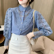 

Women's Shirts Autumn 2021 New Lace Stand Collar Splicing Shirt Korean Hook Flower Hollow Out Long Sleeve Button Up Tops